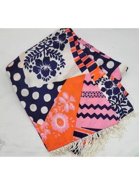 Vtg 60s Orange Purple Pink Patchwork Scarf Fringe Trim 64"x6" Groovy Retro Style